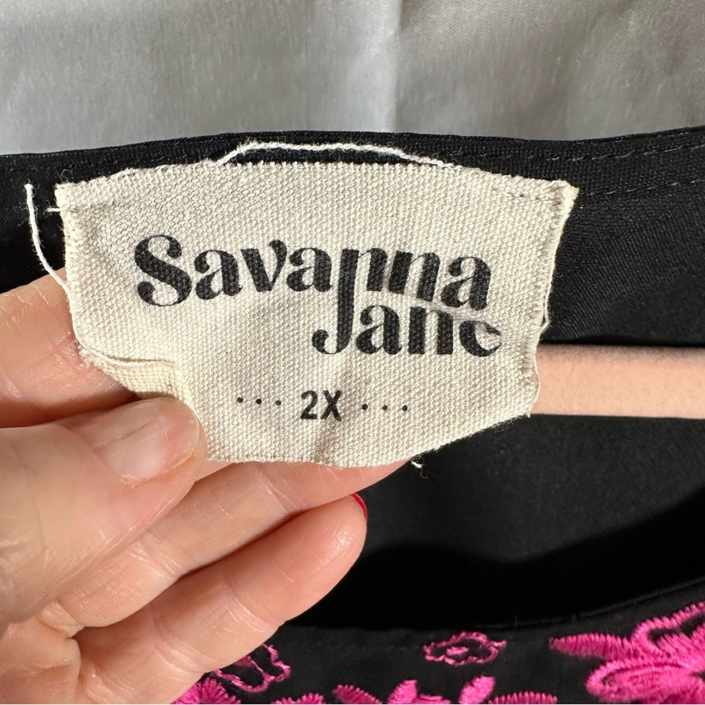 Savanna Jane Black Blouse with Hot Pink Floral Embroidery - Picture 2 of 7